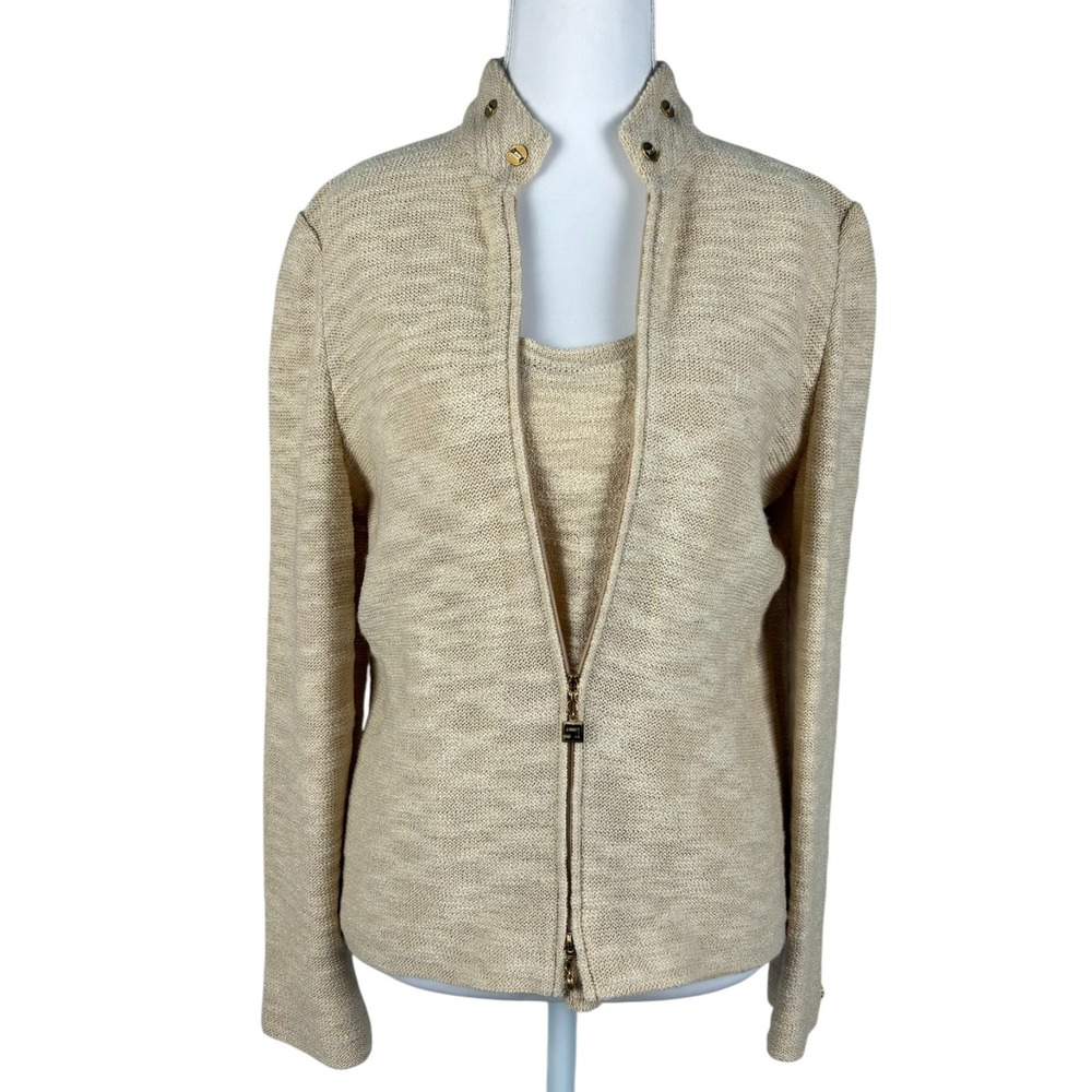 St John Sport Knit 2 Pc Set Cardigan Womens S Beige Tank Top Full Zip Sparkle